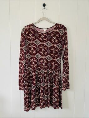 EARTHBOUND Burgundy Multicolor Long-Sleeve Printed Dress